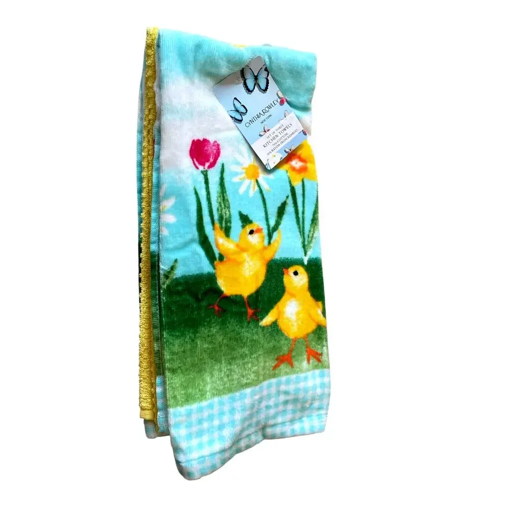 Cynthia Rowley Kitchen Towels Set of 3 Colorful Spring Floral Easter Chicks New